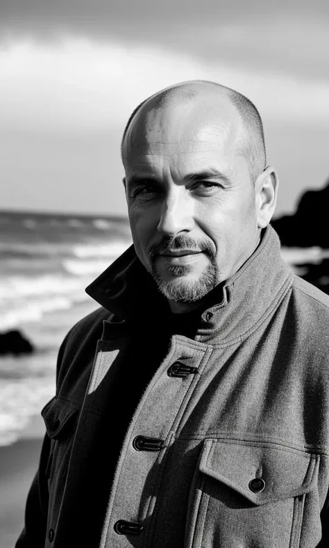 b&w photo of 42 y.o man in black clothes, bald, face, half body, body, high detailed skin, skin pores, coastline, overcast weather, wind, waves, 8k uhd, dslr, soft lighting, high quality, film grain, Fujifilm XT3