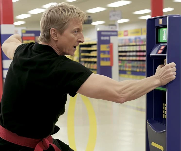 Johnnylawrence person <lora:JohnnyLawrence-Lora:.8> doing karate against the self-checkout machine at Wal-Mart.