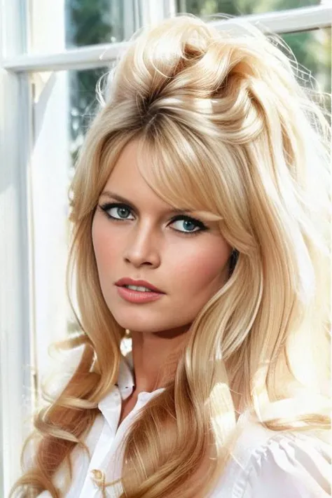<lora:br1g1tt3b4rdot_v1.0:0.9>, a Realistic Full Portrait of a bbardot woman with long blonde hair and dark eye makeup, Beautiful, Detailed face, Perfect Eyes, (highly detailed skin:1.1), ((wearing a white shirt)), sitting on a bed, window, curtains waving, sunny sky outside the window, (8K, best quality:1.2), (masterpiece:1.37), (photorealistic:1.2), (ultra realistic:1.2), (high contrast:1.1), (intense:1.1), (detailed:1.1), (perfect body:1.1), (dynamic pose:1.1), (highest quality, by Alessandro Casagrande, Greg Rutkowski, Sally Mann, concept art), (analog:1.2), (high sharpness), real shadow, 3d, (by Michelangelo), photographed by Canon EOS R6, 135mm, 1/1250s, f/2.8, ISO 400