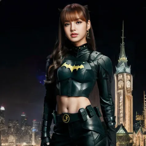 a full body photo of ((l1s@bp)), ponytail, batgirl custome, fantasy art, best quality, very detailed, best lighting, HD 4k <lora:LISABP-08:0.9>