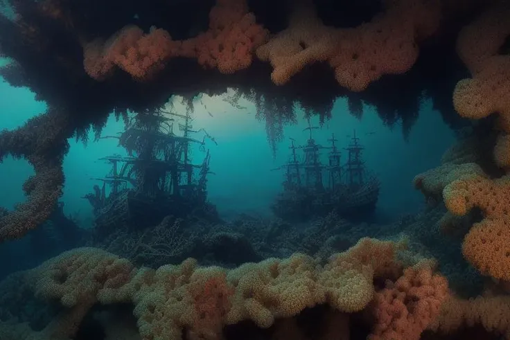 masterpiece RAW digital marine photo (establishing shot) of a sunken pirate ship (intricate details) coral barnacles seaweed (high detail) (high quality) Nikon Z 7II (spotlight from above:1.2) dark shadows (light reflections:1.2) (depth of field:1.2) (sharp focus) (studio lighting) (8k) (uhd) (hdr) (dslr) trending on artstation
 <lora:LowRA:0.7>