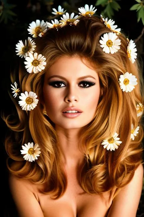 <lora:br1g1tt3b4rdot_v1.0:0.8>, a Detailed Photo of a bbardot woman with dark eyeliner makeup and ((flowers in her hair)), detailed face, Beautiful, Perfect Eyes, (highly detailed skin:1.1), perfect body, wearing a black dress, Professional Photography, Soft Lighting, Photorealistic, Realistic, foggy, ((in a Forest background)), blurred background, volumetric fog, RAW, analog style, sharp focus, 8k, high res, DSLR, high quality, Fujifilm XT3, film grain, award winning, stunning
