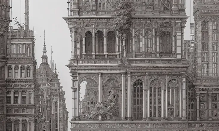 (masterpiece), A stunning and intricate drawing of an Architectural , city, scaffolding, statues, Baroque facaes, castles, (billboards 1.2), Monuments, dark clouds , layers of construction materials and buildings, Depth of field, clock towers, huge strata of rock and minerals, trees and roots, decay, fire and smoke