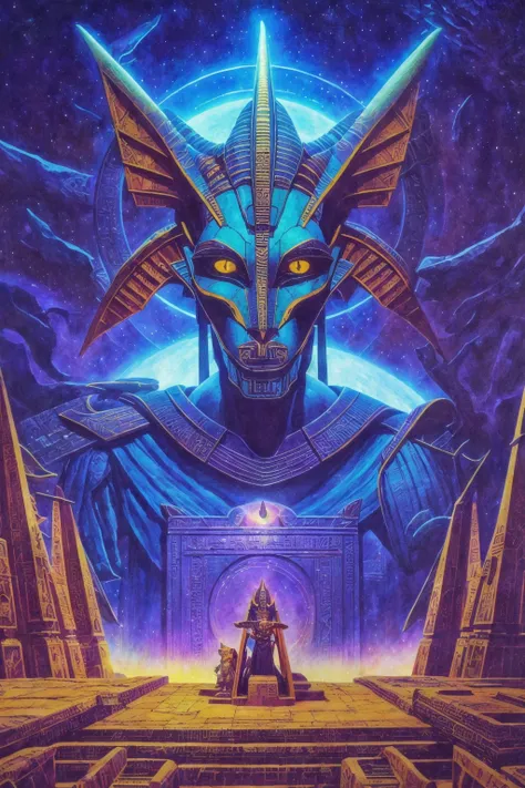 anubis, the god of funerary rites, protector of graves, and guide to the underworld
science fiction, complex background   futuristic Egypt , spaceship , stargate
dark, dim light, realistic, photorealistic 
(  digital painting by Enki Bilal)((masterpiece, best quality, )),