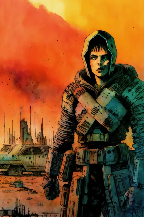 1 woman ,science fiction, complex background futuristic, post-apocalyptic
dark, dim light
( ink sketch by Enki Bilal)((masterpiece, best quality, )),