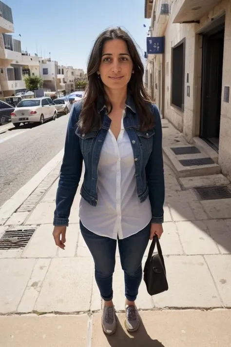 (first person perspective:1.5) you are having a conversation with a 35yo israeli female teacher, standing on the sidewalk, noon ,sunlight, dynamic, realistic, hyper realistic, as if you were really there, face visible, eye contact, hands at her sides