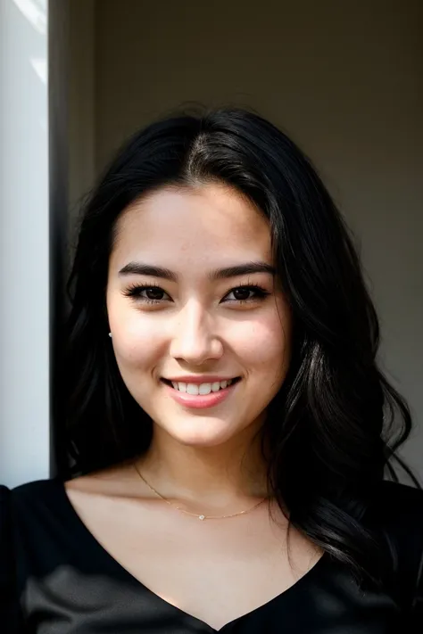 RAW photo, face portrait photo of beautiful 26 y.o woman, cute face, wearing black dress, happy face, hard shadows, cinematic shot, dramatic lighting