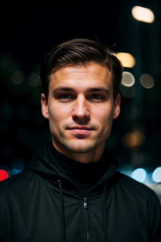 closeup face photo of caucasian man in black clothes, night city street, bokeh