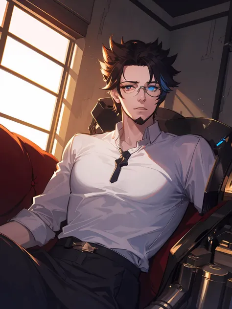 masterpiece,best quality,highres,cinematic lighting,dramatic angle,<lora:ShadowverseBelphomet:0.8>,1man,black hair,glasses, heterochromia,blue eyes,red eyes,cyborg,one eye covered,white shirt,sitting on sofa,tired,looking at viewer,matured,mechanical eye