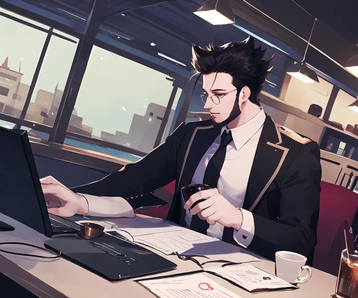 masterpiece,best quality,highres,cinematic lighting,dramatic angle,1boy,<lora:ShadowverseBelphometV3:0.8>,red eyes,black hair,pointy hair,white shirt,red necktie,black pants,belt,drinking coffee,at office,sitting,sofa,computer,glasses,<lora:flat2:0.5>