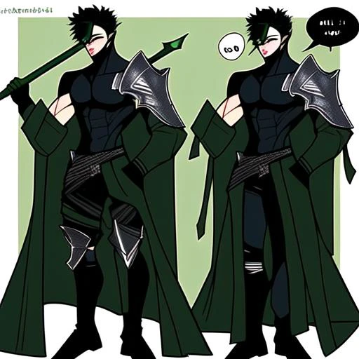 cyberpunk, vambraces, mask, makeup, speech bubble, open jacket, holding polearm, coat on shoulders, blue bow, muscular, shoulder armor, green hair, plate armor, hair flower, black gloves, black hair, dragon boy, asymmetrical clothes