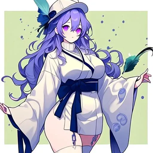 puffy long sleeves, cross necklace, cowboy hat, thighhighs, curvy, extra eyes, upper body, white shirt, school uniform, green headwear, kimono, hat feather, turtleneck sweater, chain, white footwear, wide hips, blue bow, purple eyes