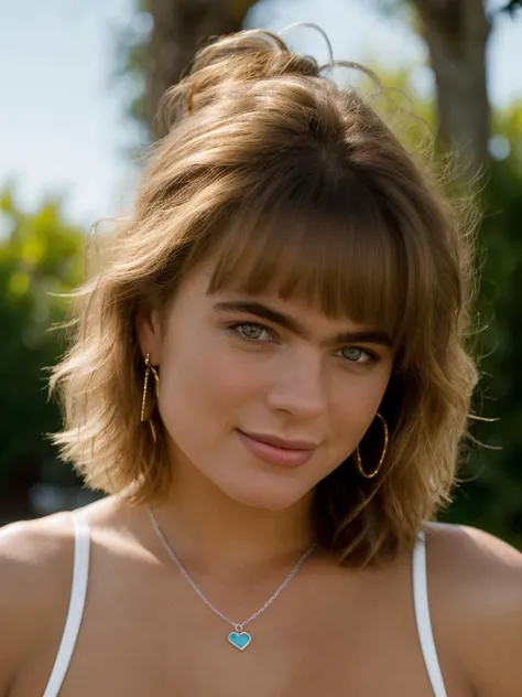 Realistic photo of a beautiful 3r1k43 woman, 1girl, solo, looking at viewer, smile, short hair, blue eyes, blonde hair,  jewelry, earrings, necklace, lips, realistic, yuna (ff10), professional Photography, Photorealistic, detailed, RAW, analog, sharp focus, high quality, film grain<lora:3r1k43:1.0>