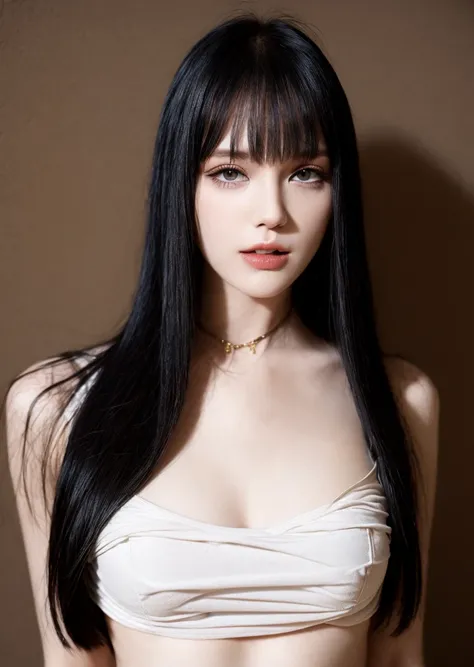 top quality、masterpiece、Super high resolution、(realistic:1.5)、original photo、skin tight black top:1.2, looking at viewer, movie lights, Perfect, soft light, high resolution skin:1.2, realistic skin texture, 20 year old mature woman、small face、natural makeup, see through, exposed cleavage, blue eyes, long hair,dark brown hair、Chest G cup, gray background, whole body, model pose