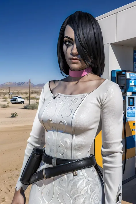willow, black hair, hair over one eye, grey eyes, facial mark, grey skin,collar, white dress, torn clothes, collarbone, long sleeves, belt, looking at viewer, serious, standing, arms crossed, outside, gas station background, desert, sunny, high quality, masterpiece,  <lora:willow:.8>