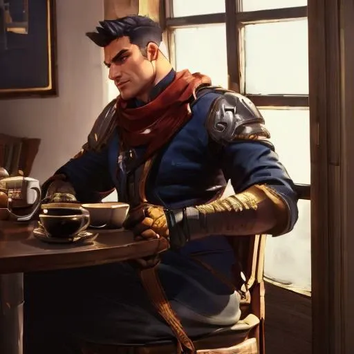 (((a man sitting in a cafe in a suit drinking a tea:1.2)))<lora:GarrisonBattleChasersLoraV1:1>1man with black hair, sword in hand highres, ultra detailed:1.3, 4k, high quality, ultra realistic, sharpen image, extremely detailed CG unity 8k wallpaper, 24mm, exposure blend, hdr, faded, extremely intricate, High Detail:1, Sharp focus, soft cinematic light, looking at viewer, detailed pupils, cute smile, 4k textures, soft cinematic light, cinematic look, insane details, hyperdetailed, Highly detailed