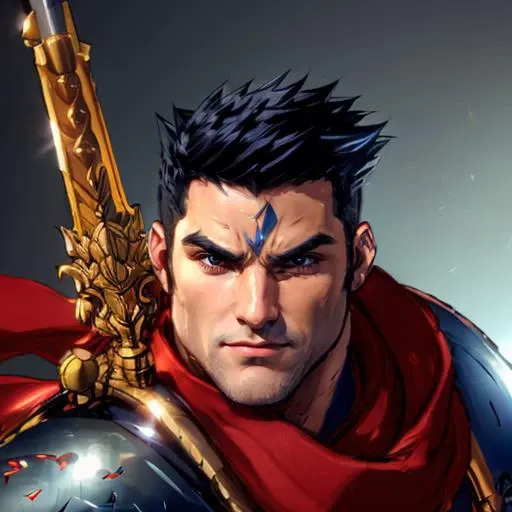(((a man fighting with a sword)))<lora:GarrisonBattleChasersLoraV1:0.8>1man with black hair, blue orange armor, red cape, sword in hand highres, ultra detailed:1.3, 4k, high quality, ultra realistic, sharpen image, extremely detailed CG unity 8k wallpaper, 24mm, exposure blend, hdr, faded, extremely intricate, High Detail:1, Sharp focus, soft cinematic light, looking at viewer, detailed pupils, cute smile, 4k textures, soft cinematic light, cinematic look, insane details, hyperdetailed, Highly detailed