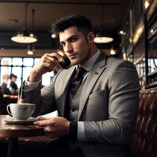 (((a man sitting in a cafe in a suit drinking a tea)))<lora:GarrisonBattleChasersLoraV1:0.5>1man with black hair, sword in hand highres, ultra detailed:1.3, 4k, high quality, ultra realistic, sharpen image, extremely detailed CG unity 8k wallpaper, 24mm, exposure blend, hdr, faded, extremely intricate, High Detail:1, Sharp focus, soft cinematic light, looking at viewer, detailed pupils, cute smile, 4k textures, soft cinematic light, cinematic look, insane details, hyperdetailed, Highly detailed