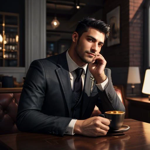 (((a man sitting in a cafe in a suit drinking a tea)))<lora:GarrisonBattleChasersLoraV1:0.5>1man with black hair, sword in hand highres, ultra detailed:1.3, 4k, high quality, ultra realistic, sharpen image, extremely detailed CG unity 8k wallpaper, 24mm, exposure blend, hdr, faded, extremely intricate, High Detail:1, Sharp focus, soft cinematic light, looking at viewer, detailed pupils, cute smile, 4k textures, soft cinematic light, cinematic look, insane details, hyperdetailed, Highly detailed