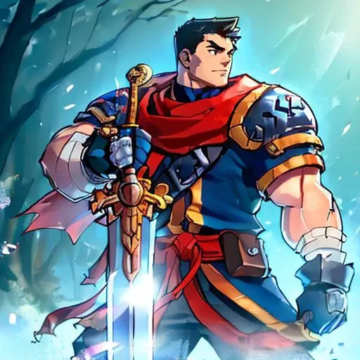 (((a man fighting against another man with a sword in his hand:1.2)))<lora:GarrisonBattleChasersLoraV1:0.8>1man with black hair, blue orange armor, red cape, sword in hand highres, ultra detailed:1.3, 4k, high quality, ultra realistic, sharpen image, extremely detailed CG unity 8k wallpaper, 24mm, exposure blend, hdr, faded, extremely intricate, High Detail:1, Sharp focus, soft cinematic light, looking at viewer, detailed pupils, cute smile, 4k textures, soft cinematic light, cinematic look, insane details, hyperdetailed, Highly detailed