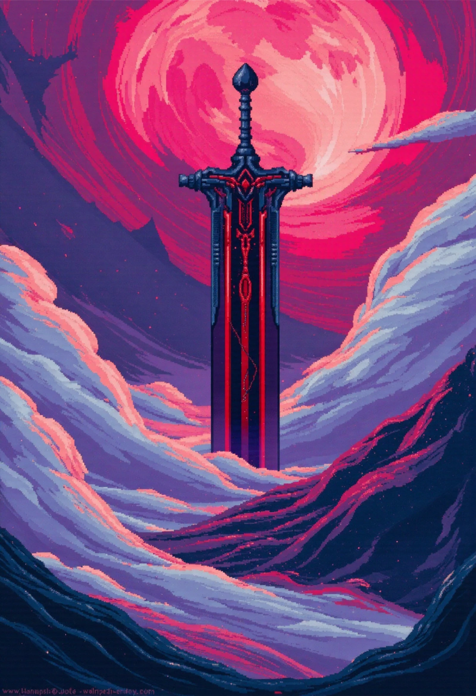 trippy_pa style, vibrant surreal pixel art depicting a colossal bio-mechanical greatsword dripping with blood, protruding from a mountain. The sword appears otherworldly and is larger than the mountain. Red-pink light permeates the atmosphere eerily, underlining the horror-themed design of the grimdark scifi weapon <lora:flux\flux_The_Meatroom> <lora:flux\flux_trippy_pixel_art>
