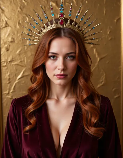 portrait of a regal woman with long, wavy auburn hair draped over her shoulders. She has a fair complexion with striking green eyes and full lips painted a deep burgundy. Her expression is serene, with a touch of melancholy. She is dressed in a luxurious velvet robe in a rich burgundy shade that complements her hair. Adorning her head is an ornate halo-like headpiece, radiating spikes embellished with intricate filigree patterns and embedded with an array of gemstones that catch the light. The background should be a textured, old gold leaf wall that adds an antique charm to the composition, making the subject appear as if she is a part of a Renaissance painting, raw,realistic