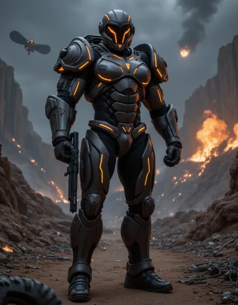 science fiction soldier in heavy armor. The soldier is clad in a high-tech, futuristic exoskeleton suit, featuring bulky, angular plates and glowing energy lines that run across the armor's surface. The helmet is sleek and fully enclosed, with a glowing visor that adds a sense of mystery. The armor is equipped with advanced weaponry, such as an energy rifle and a large, mechanized arm attachment. The background is a war-torn, alien battlefield with smoking craters, twisted metal, and a dark, ominous sky filled with distant explosions and spacecraft. The soldier stands in a powerful, ready-for-battle pose, exuding strength and determination. The overall composition should convey a sense of high-stakes conflict, advanced technology, and unwavering resolve in the face of an unknown threat.