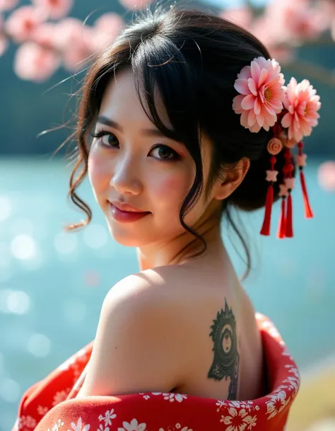 Japanese woman, floral kimono, exposed shoulders, from behind, beautiful face, thick eyelashes, glossy eyes, black hair, (cute smile), dark eyeshadow, shoulders tattoos, back tattoos, floral decoration in hair, falling petals, beautifully backlit, wideshot, lake background,photo, raw,realistic