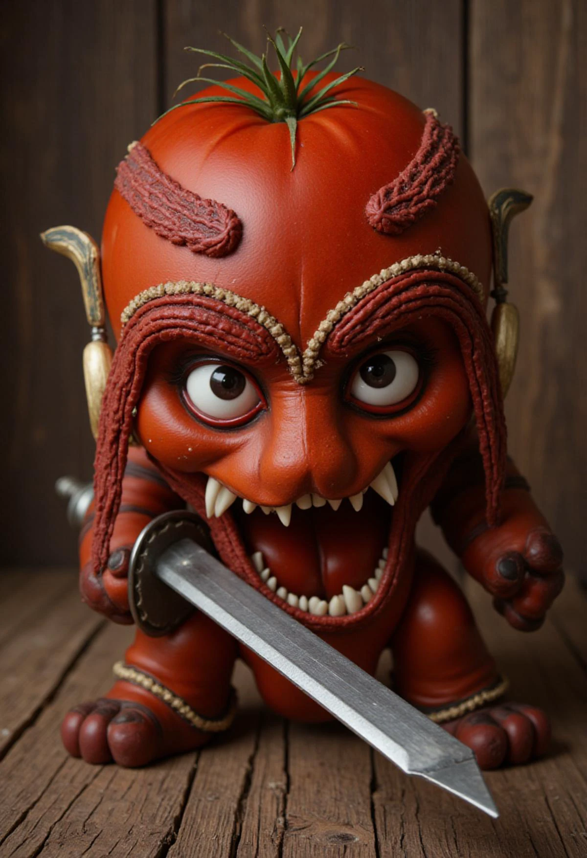 tomato, fighting
helmet and sword
face with fangs