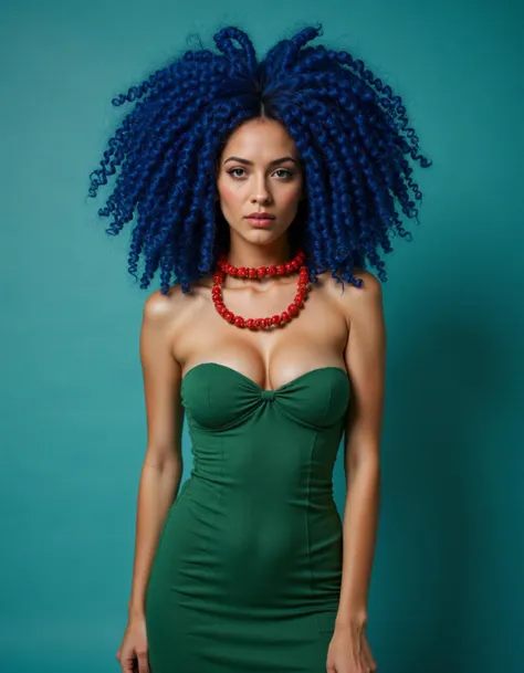 strikingly beautiful woman with an elaborate, sky-high curly blue hairdo. She has an intense and captivating gaze, with large, expressive eyes. She is wearing a form-fitting, off-the-shoulder green dress that accentuates her figure. Around her neck, she wears a bold,red bead necklace. The background is a solid teal, which highlights her unique appearance and adds to the vibrant, almost surreal atmosphere of the image