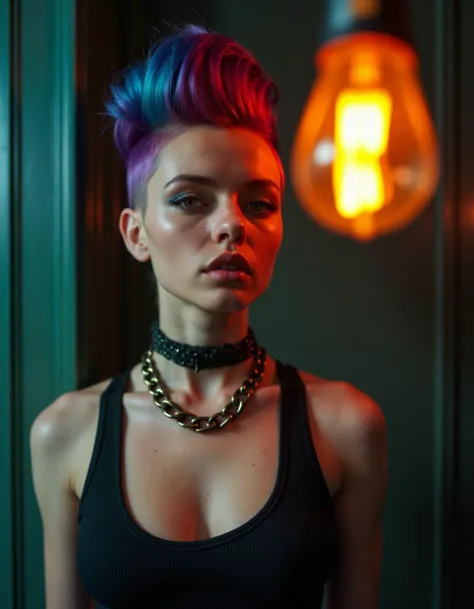 woman wearing punk outfit, colored Mohawk hair, chain necklace, atmospheric, cinematic, high detail, masterpiece,photo, raw,realistic, tank top