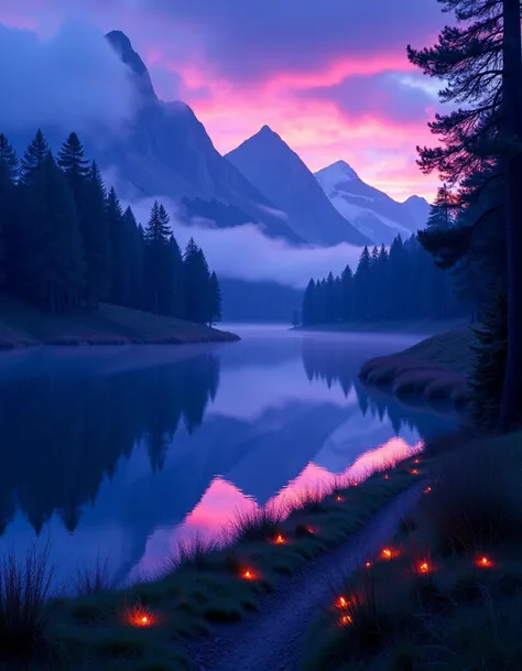 beautiful, mysterious landscape. The scene is set at twilight, with the sky painted in deep purples, blues, and hints of gold from the setting sun. In the foreground, a tranquil lake reflects the twilight colors and the silhouettes of ancient, gnarled trees. Mist rises gently from the water's surface, adding an ethereal quality. In the distance, towering, mist-shrouded mountains loom, their peaks obscured by low-hanging clouds. The landscape is dotted with bioluminescent plants that emit a soft, enchanting glow, casting a surreal light on the surroundings. A narrow, winding path leads into a dense, shadowy forest, inviting the viewer to imagine what lies within. The overall atmosphere should evoke a sense of magic, mystery, and untouched natural beauty.