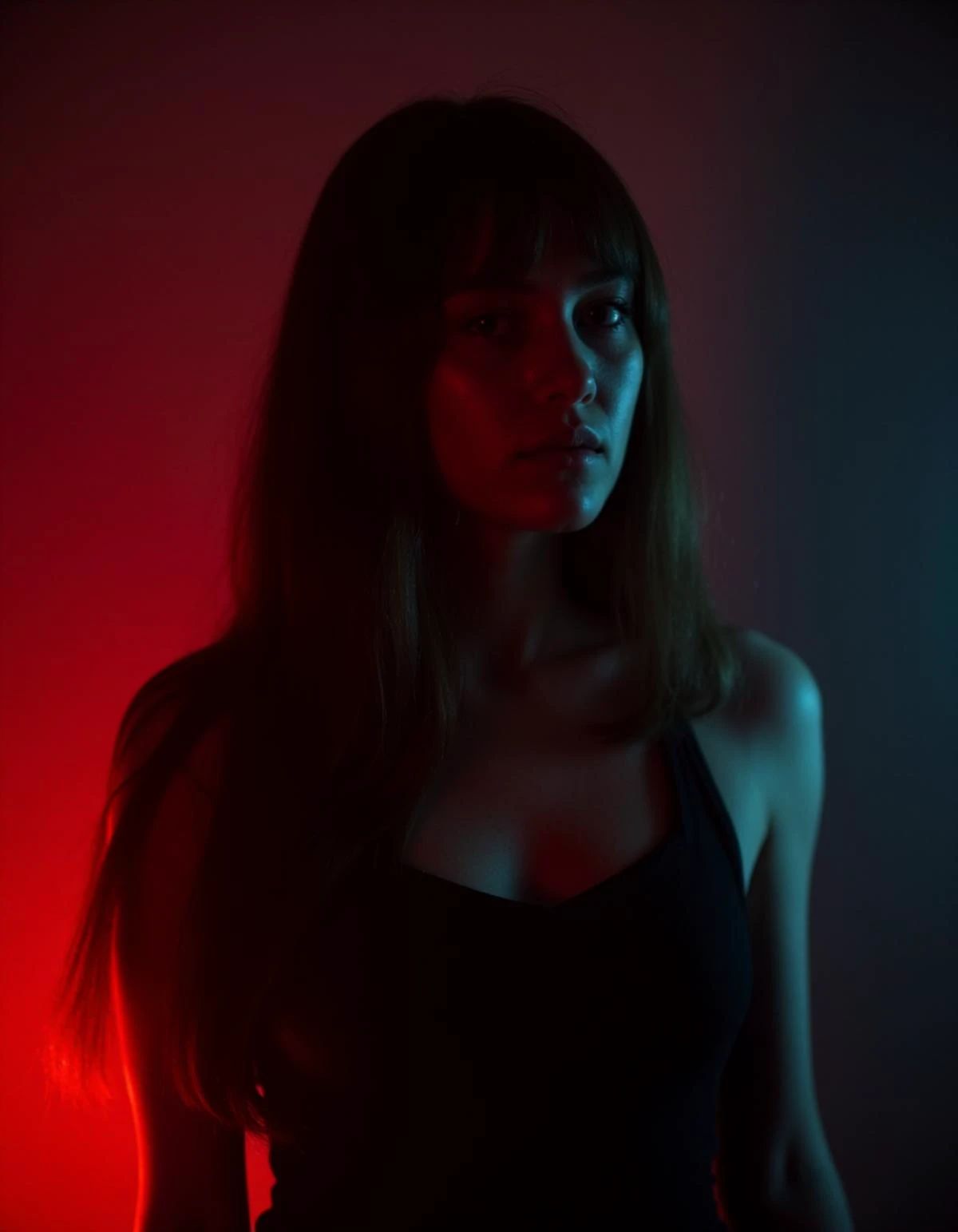 1girl, long hair, low light, dramatic lighting, darkness, eye lighting, smoke, red light, shallow depth of field, vignette, highly detailed, high budget, bokeh, cinemascope, moody, epic, gorgeous, film grain, grainy