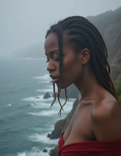 a cinematic bust portrait of a beautiful woman from left head and chest only,Dreadlocks,Red,A lone figure stands at the edge of a fog-shrouded cliff, the crashing waves below beckoning them to take the final plunge into the abyss.,upper body shot,style by Richard Avedon,(high quality awardwinning masterwork 4k highly detailed),Nikon d850,natural lighting,