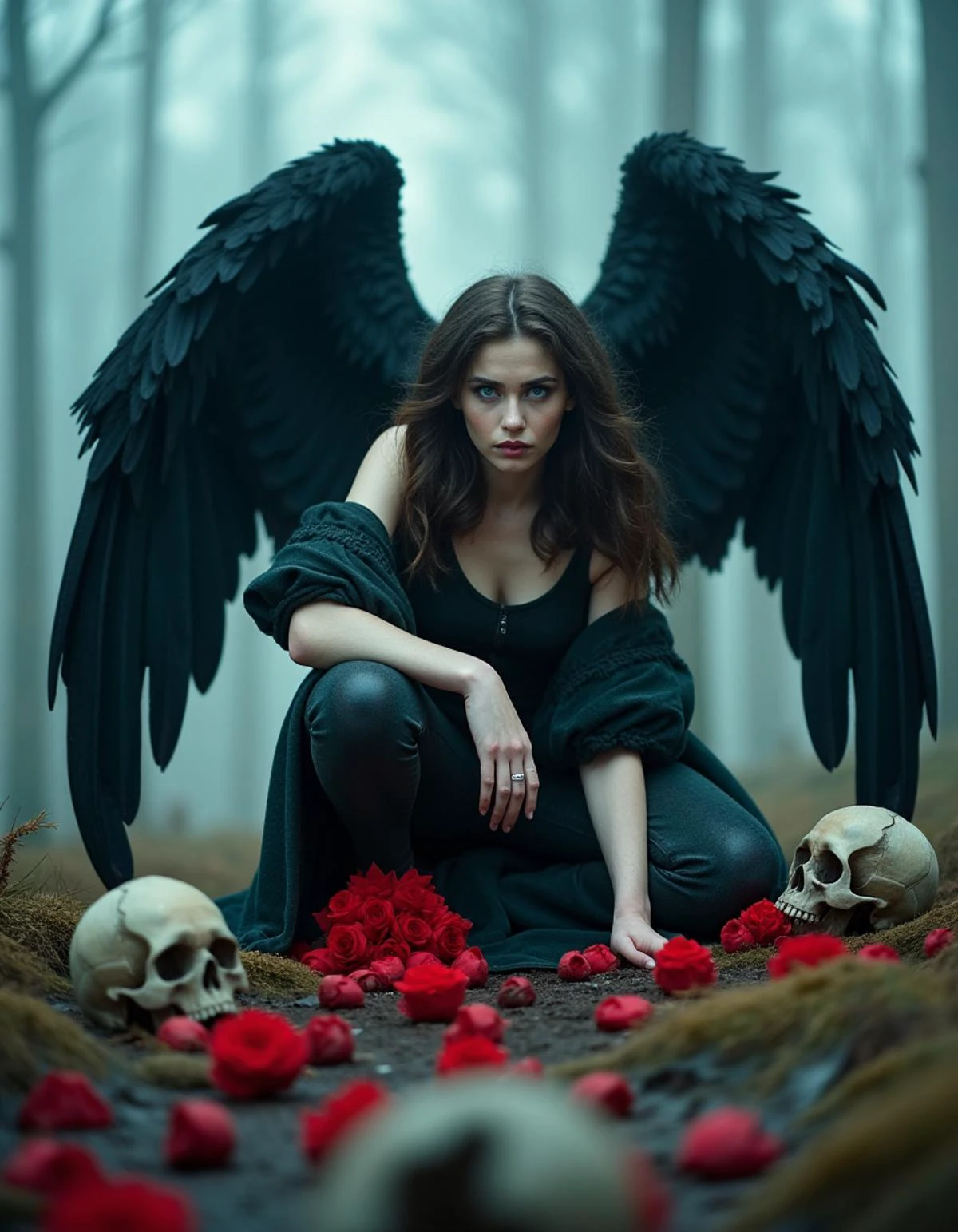 photo of a sad female fallen angel with black wings in a foggy swamp,light leather armor,squatting,looking at viewer,skulls and red roses on ground,bright blue eyes,vibrant colors,intricate,soft lighting,high quality,film grain,sharp focus,Luis Royo style,Black and color