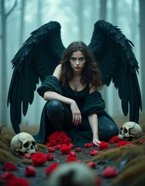 photo of a sad female fallen angel with black wings in a foggy swamp,light leather armor,squatting,looking at viewer,skulls and red roses on ground,bright blue eyes,vibrant colors,intricate,soft lighting,high quality,film grain,sharp focus,Luis Royo style,Black and color