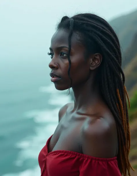 a cinematic bust portrait of a beautiful woman from left head and chest only,Dreadlocks,Red,A lone figure stands at the edge of a fog-shrouded cliff, the crashing waves below beckoning them to take the final plunge into the abyss.,upper body shot,style by Richard Avedon,(high quality awardwinning masterwork 4k highly detailed),Nikon d850,natural lighting,