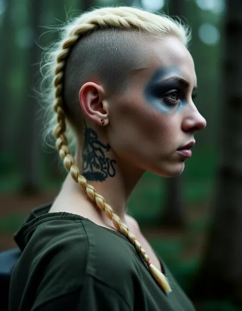 Horror-themed photo of Nordic woman, cute slim face, war face paint, Mohawk blonde haircut wit thin braids, (runes tattoos on neck:1.3), (medieval battleground), vignetting, (high contrast),