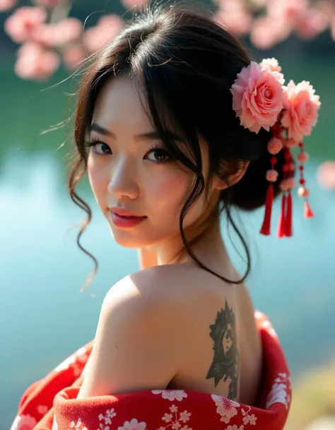 Japanese woman, floral kimono, exposed shoulders, from behind, beautiful face, thick eyelashes, glossy eyes, black hair, (cute smile), dark eyeshadow, shoulders tattoos, back tattoos, floral decoration in hair, falling petals, beautifully backlit, wideshot, lake background,photo, raw,realistic