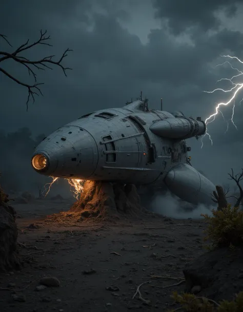 crashed alien spaceship in a remote, eerie landscape. The spaceship is large and futuristic, with a sleek, aerodynamic design that is now battered and partially broken. Its metallic surface is scorched and dented, with wires and alien technology exposed and sparking. The crash site is set in a desolate area, perhaps a barren desert or a misty, dense forest, with twisted trees or rocky outcrops adding to the atmosphere. Around the ship, the ground is scorched and disturbed, with strange alien flora beginning to grow around the wreckage, glowing faintly. The sky above is dark and stormy, with flashes of lightning illuminating the scene sporadically. Smoke rises from the wreckage, adding to the chaotic and mysterious ambiance. The overall composition should evoke a sense of mystery, danger, and the unknown, capturing the viewer's imagination about the circumstances of the crash and the secrets the spaceship holds.