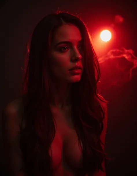 1girl, long hair, low light, dramatic lighting, darkness, eye lighting, smoke, red light, shallow depth of field, vignette, highly detailed, high budget, bokeh, cinemascope, moody, epic, gorgeous, film grain, grainy