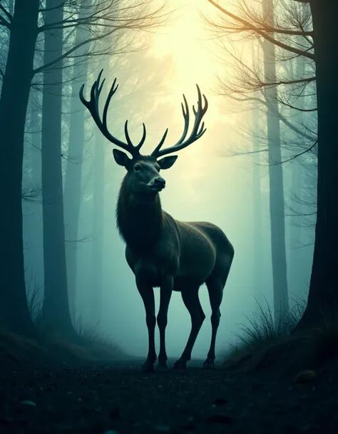 silhouette of a majestic stag with a panoramic view of a dense, misty forest. The stag stands proudly, its antlers extending upward, merging seamlessly with the branches and trees of the forest scene. The forest is bathed in soft, ethereal light, with beams of sunlight piercing through the fog, creating a mystical atmosphere. The details of the stag's fur and the textures of the trees blend together, creating a harmonious fusion of wildlife and nature. The overall composition should evoke a sense of wonder, tranquility, and the deep connection between animals and their natural habitat.