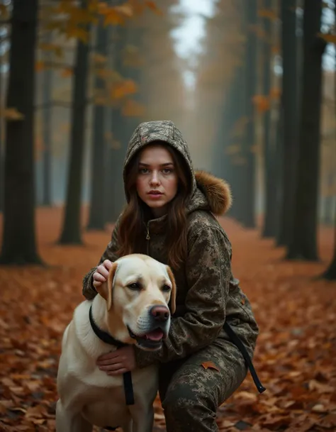 A professional photo of a caucasian 18-year-old woman, beautiful dreamy face, gray-green eyes, walking with white Labrador in an autumn forest at the early morning. The girl is in the forest camouflage hunter outfit. The forest floor is covered with fallen leaves in shades of orange, red, and yellow. A light autumn drizzle is falling. Morning fog. The sky is overcast., <lora:boreal-flux-lora-v0.4:1>, magical, cinematic, stunning, gorgeous, intricate detail, rich colors, ambient deep color, dynamic dramatic open atmosphere, detailed, romantic, complex, highly coveted, attractive, brave, pretty, confident, unique, epic, best, modern