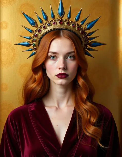 portrait of a regal woman with long, wavy auburn hair draped over her shoulders. She has a fair complexion with striking green eyes and full lips painted a deep burgundy. Her expression is serene, with a touch of melancholy. She is dressed in a luxurious velvet robe in a rich burgundy shade that complements her hair. Adorning her head is an ornate halo-like headpiece, radiating spikes embellished with intricate filigree patterns and embedded with an array of gemstones that catch the light. The background should be a textured, old gold leaf wall that adds an antique charm to the composition, making the subject appear as if she is a part of a Renaissance painting, raw,realistic