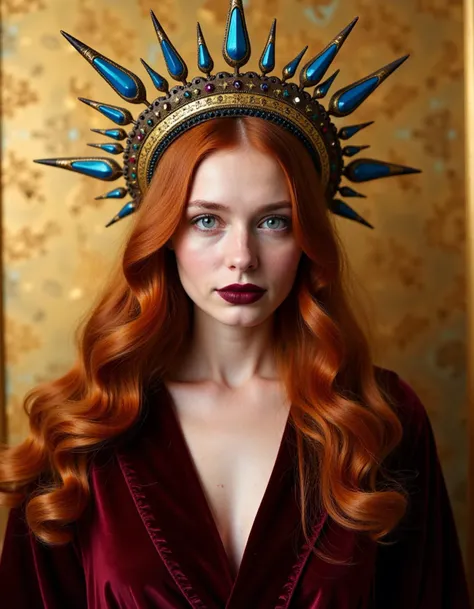 portrait of a regal woman with long, wavy auburn hair draped over her shoulders. She has a fair complexion with striking green eyes and full lips painted a deep burgundy. Her expression is serene, with a touch of melancholy. She is dressed in a luxurious velvet robe in a rich burgundy shade that complements her hair. Adorning her head is an ornate halo-like headpiece, radiating spikes embellished with intricate filigree patterns and embedded with an array of gemstones that catch the light. The background should be a textured, old gold leaf wall that adds an antique charm to the composition, making the subject appear as if she is a part of a Renaissance painting, raw,realistic