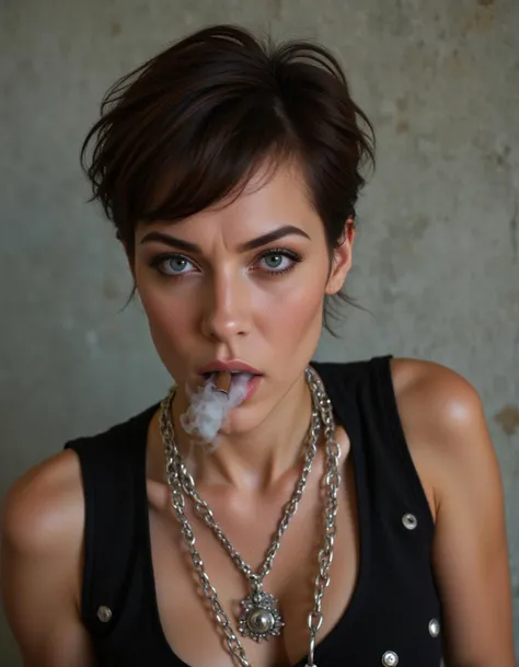 portrait photo of a rebellious, edgy woman with short, tousled hair. striking blue eyes with dramatic makeup that gives her a bold, defiant look, wearing a black sleeveless top with metallic accents, and chunky silver chains around her neck, she is smoking a cigar, smoke curling around her face, enhancing the gritty, intense atmosphere. The background is simple and slightly worn, distressed wall