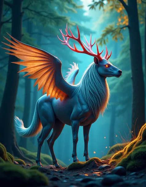 A majestic and fantastical creature emerges from the heart of an ancient, enchanted forest. This creature, a blend of myth and magic, stands on four powerful legs, each adorned with iridescent scales that shimmer in a spectrum of colors with every movement. Its body is a harmonious fusion of a sleek, muscular frame covered in fine, feather-like fur that ripples like water under the moonlight. Towering antlers, intricately twisted and glowing with a soft, ethereal light, crown its noble head. Its eyes, deep and luminescent, hold centuries of wisdom and mystery, reflecting the stars and the essence of the forest. Large, graceful wings, akin to those of a dragon, unfurl from its back, each feather tipped with a radiant, magical glow. This creature exudes an aura of both majesty and tranquility, embodying the pure, untamed magic of the realm. As it moves silently through the forest, the very air around it seems to shimmer with enchantment, a living embodiment of the fantastical and the awe-inspiring.