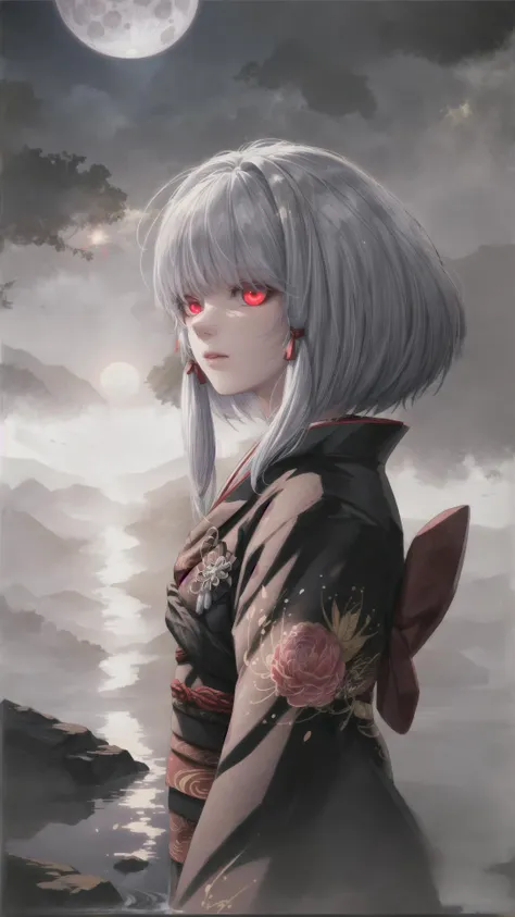 <lora:Siragiku:0.8> siragiku\\(ffmb\\), black kimono, 1girl, (glowing eyes, red eyes:1.25), BREAK, misty lake, (fog, foggy, cloudy sky, glowing full moon:1.25) <lora:more_details:0.3> <lora:hairdetailer:0.3>, masterpiece, best quality, extremely detailed, highly quality, 4k, sharp focus, professional, sharp focus, award winning, cinematic lighting, octane render, unreal engine, volumetrics dtx, Wallpaper,