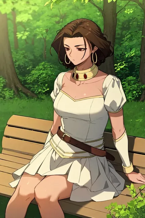 <lora:TWBE:1>, 1girl, solo, serajard, gold collar, white dress, gold earrings, black belt, armband, sitting, bench, nature, ouside
