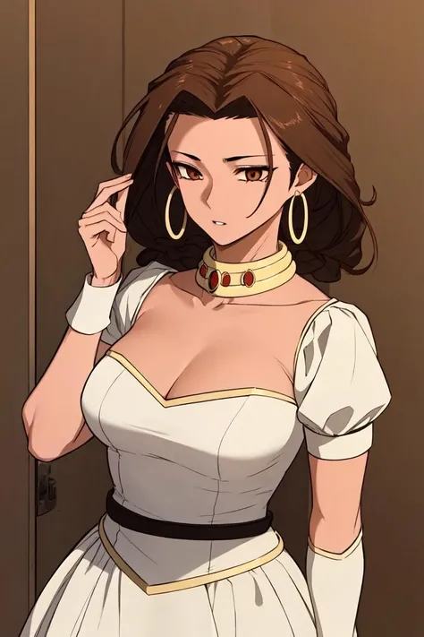 <lora:TWBE:0.9>, 1girl, solo, serajard, gold collar, white dress, gold earrings, black belt, armband